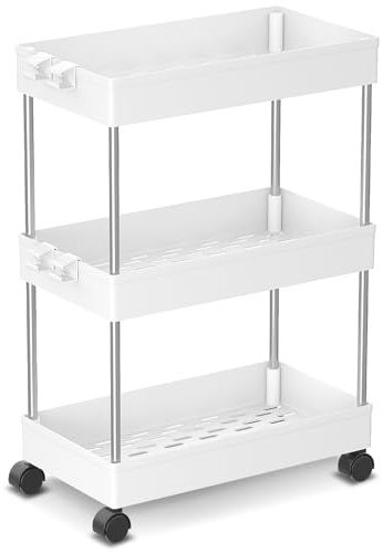 Rollwagen, Küchenwagen mit 3 Ebenen, Küchenregal mit 4 Haken, Nischenregal auf Rollen, Aufbewahrungsregal für Küche, Büro, Bad, Waschküche - 60 x 40 x 22cm