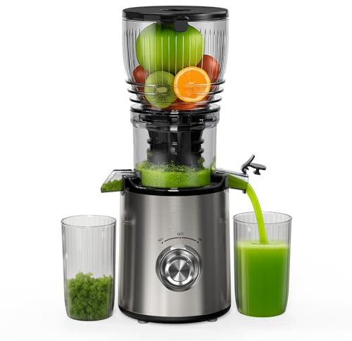 Extractor de Zumos y Verduras, 148mm Capacidad 2L Licuadora Prensado en Frio, 300W Extractor de Jugo Juicer Machine, Función de Masticación Inversa, Fácil de Instalar y Limpiar, Dos Tazas, Uno Cepillo
