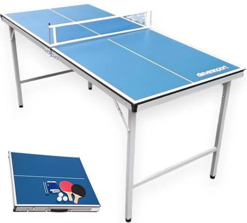 DEVESSPORT Pack Min Mesa Ping Pong Infantil 150x67x69 cm | Mini Mesa Plegable para Interior y Exterior | Incluye 2 Raquetas, 3 Pelotas y Red