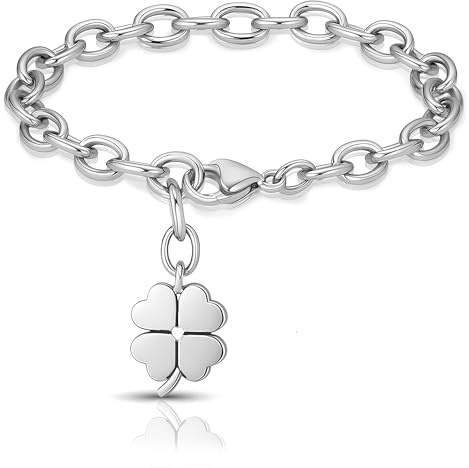 SAGA GIOIELLI® Bracciale Donna in Acciaio Portafortuna – Ciondolo a Scelta: Quadrifoglio, Coccinella o Ferro di Cavallo – Confezione Regalo Inclusa (QUADRIFOGLIO)