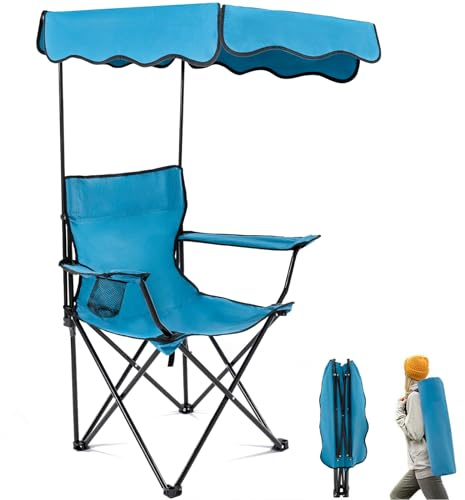 Folding Camping Chair with Canopy Shade for Adults, Portable Beach Chairs with Umbrella Support 330 lbs, Lawn Chair with Cup Holder for Outdoor Fishing Picnic Garden Sports Patio, Cyan Blue