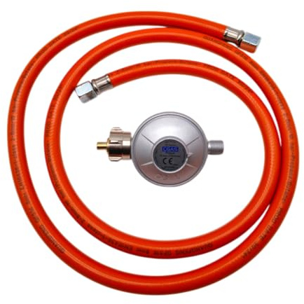 Druckminderer Set Gasregler (50 mbar mit 150 cm Gasschlauch) mit Sicherheits-Sticker Gasdruckregler im Set mit Schlauch in verschiedenen Längen für Gaskocher, Gasgrills oder Paellagrills