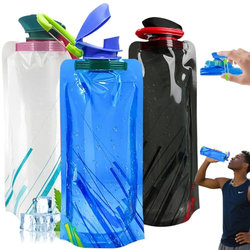 Faltbare Trinkflasche - 3 Stück Trinkbeutel 700ML, BPA-Freie Wiederwendbare Wasserflasche mit Karabiner für Festival zubehör, Camping, Wandern, Reisen, Radfahren - Outdoor-Flasche, Trinkschlauch