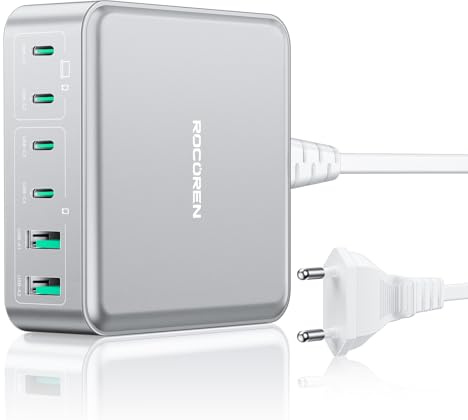 Rocoren USB C Ladegerät 270W, GaN 6-Port PD 100W QC4.0 PPS 2-Laptop USB Ladestation Schnellladegerät Mehrfach Netzteil für MacBook Pro Air, iPhone 16 15 14 Pro, Galaxy S25 S24, Steam Deck, Silber