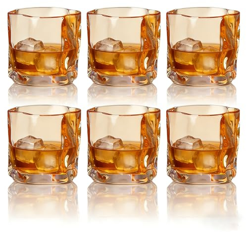 Whiskeygläser Set 6er 200 ml – Kristall Trinkgläser Vintage Origami Design, Tumbler für Whisky, Cocktail, Longdrink, Wasser, Saft, Kaffee, Spülmaschinenfest (Bernstein)