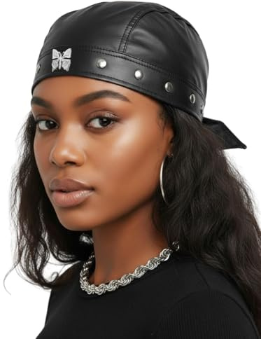 FurquGears Leather Biker Cap for Women Stylish Biker Doo Rag Headwrap for Riding Adjustable Motorcycle Black Skull Hat