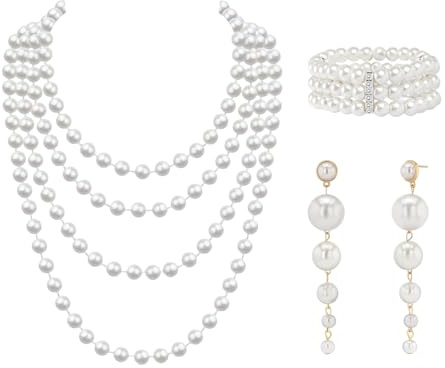 3 Pezzi Set di Perle Finte, Gioielli alla Moda, Orecchini Lunghi Pendenti, Braccialetto Elasticizzato a 3 File, Collana di Perle, Anni '20 Accessori da Donna per Feste Balli Matrimoni Festival
