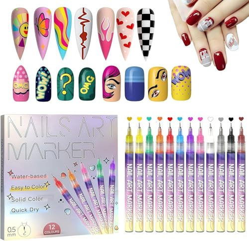 Kezidhp 12 Nagellack Stift Set Nagelkunst Marker 0,5mm Fein Trocknend | Zum Malen und Kritzeln, Spitze Präzise, Einfache Handhabung, Schnell Trocknend, Farben Sortiert, DIY Nailart Zuhause