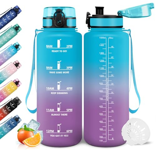 Mulbijeo Borraccia, 1,5 Litri Prova di Perdite, Borraccia Palestra, Sportiva Tempo, Boraccia Motivazionale, con Filtro, Borracce, Bottiglia Acqua per Scuola, Campeggio, Yoga, Ufficio