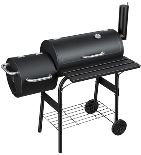 Monucep Grill Vagn med Kol med 2 Kammare, Grillvagn med Termometer, Rökgrill för Indirekt Grillning och Rökning, Mobil Trädgårdsgrill med Hyllor, Svart