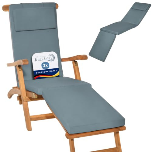 Beautissu 2er Set Luxus Deckchair Auflage Sonnenliege Bezug Gartenliege | 175x45x5cm Taubenblau Polsterauflage für Liegestuhl Polster Liegenauflage Gartenmöbel Kissen Abnehmbar LoftLux DC