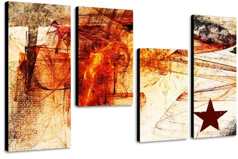 Hip und Modern Wandbild mit Stern - 130x70cm 4 teiliges Keilrahmenbild (30x70+30x50+30x50+30x70cm) abstraktes Wandbild mehrteilig Gemälde-Stil handgemalte Optik Vintage