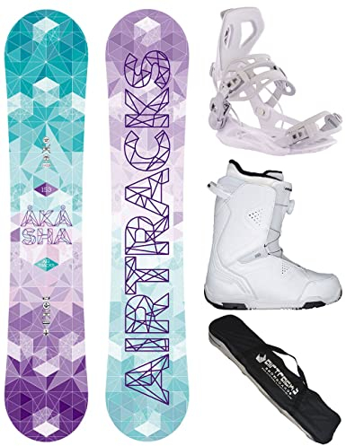 Airtracks Damen Snowboard-Set Freestyle Freeride Akasha Lady Flat Rocker 144 + Snowboard Bindung Master W + Snowboardboots Star W 37 + Sb Bag