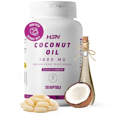 HSN Aceite de Coco 1000mg | 120 Perlas | 100% Natural procedente del fruto de Cocos nucifera | Fuente de MCT (Ácidos Grasos de Cadena Media) | No-GMO, Vegano, Sin Gluten