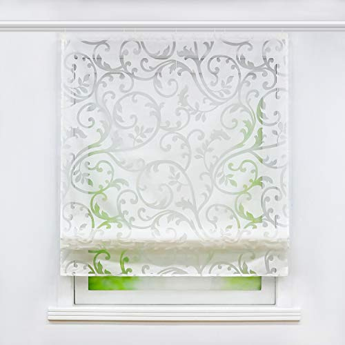 Joyswahl Voile Raffrollo mit Klettschiene Romantsiches Ausbrenner Design mit Druck Raffgardine Schals Fenster Vorhänge BxH 140x140cm Weiß 1er Pack