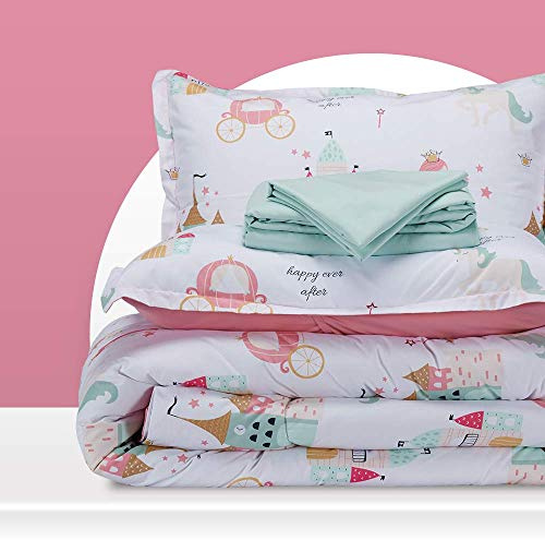 SLEEP ZONE Kids Bedding Comforter Set Full/Queen Size - Super Cute & Soft Kids Bedding Bed in a Bag 7 Pieces Set with Comforter, Sheet, Pillowcase & Sham (Princess Castle)