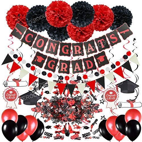 ZERODECO Decorazioni per la Laurea, Nero e Oro Striscioni Carta Ventaglio Palline Decorazioni Appese Swirl Banderole Triangolo Ghirlande Palloncini (Nero e Rosso)