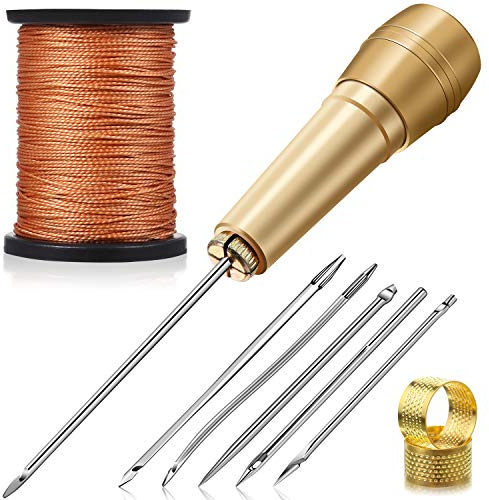 6 agujas de punzón de tela de cuero con mango de cobre, 50 m de hilo de nailon y 2 dedales para herramientas de costura de cuero hechas a mano para reparación de zapatos y cuero