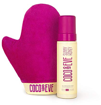 Coco & Eve Sunny Honey Deluxe Selbstbräunerset - Bali Bräunungsmousse mit Samthandschuh zum Auftragen von Selbstbräuner und Transportbeutel. Selbstbräunungsmousse (Medium)