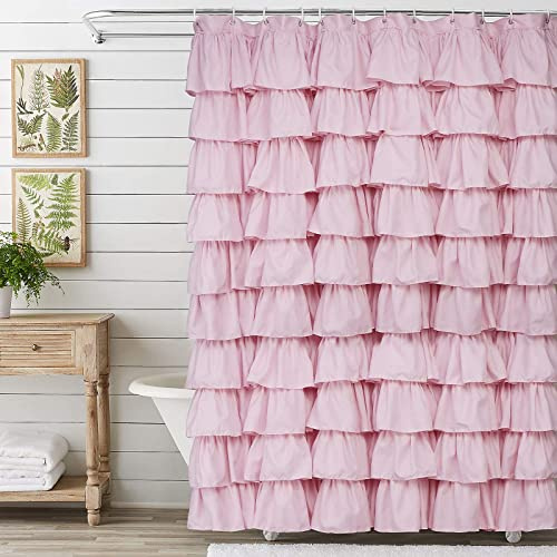 Volens Pink Ruffle Shower Curtain Farmhouse Rustic Fabric Cloth Shower Curtains for Bathroom, 72 x 72