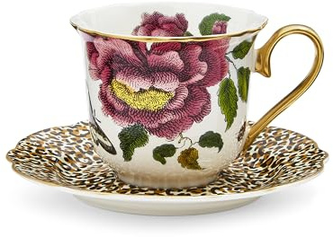 Spode Creatures of Curiosity Teetasse mit Untertasse, geriffelt, Leopardenmuster, Weiß