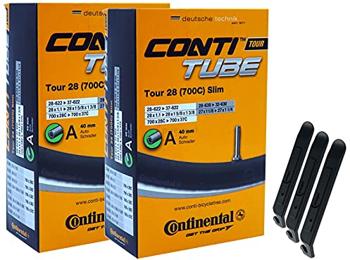 pneugo! Set 2 x Continental Fahrradschlauch 28 Zoll Autoventil 28-622/37-622 (Tour Slim) + 3 Reifenheber
