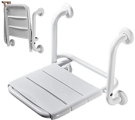 Sgabello Doccia Pieghevole a Muro, Sedia da Doccia con Braccioli per Uso Medico/Disabili/Anziani/Donna Incinta, Panca Doccia Bianca Antiscivolo Sgabello da Bagno da Parete, Seggiolino Doccia