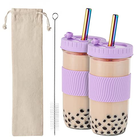 Amyoole Paquete de 2 vasos Boba reutilizables, 24 onzas, taza de batido de boca ancha, vasos de vidrio con tapas y popotes, tazas de té de burbuja/Boba, vaso de café helado, 2 pajitas de colores, 1