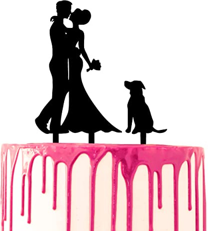 CARISPIBET cake topper groom & bride kiss with a dog by their side acryllic silhouette