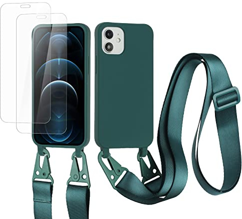 vrupin kompatibel mit iPhone 12 Mini Handykette Hülle,[2 Stück Schutzfolie 9H Härte Gehärtete Folie].Necklace Hülle Nylon Schultergurt Weich Flüssiges Silikon-Dunkelgrün
