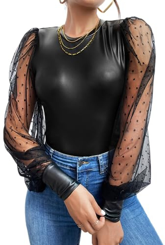 WDIRARA Women's Faux Leather Sheer Puff Long Sleeve Slim Top PU Crew Neck Blouse Black Large