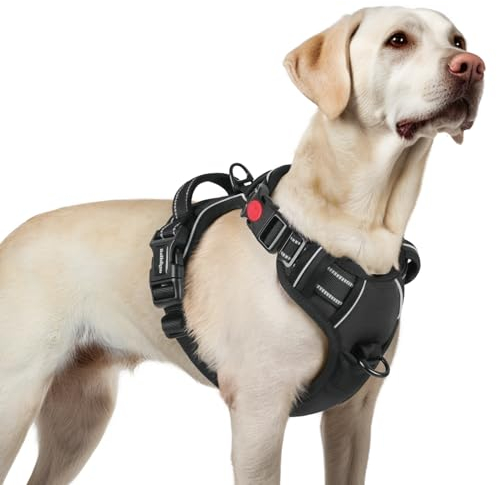 rabbitgoo Hundegeschirr Grosse Hunde, Verstellbare Geschirr Hund ohne Zug & Würgen, Anti Zug Hundegeschirr mit Griff, weich Gepolsterte Reflektierende Brustgeschirr, Schwarz L