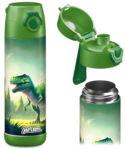 Jarlson® Trinkflasche Kinder Edelstahl MALI [THERMOSFLASCHE] - Kindertrinkflasche Auslaufsicher - Thermoskanne Kohlensäure geeignet - Trink Flasche für Schule & Kindergarten (500ml, Dinosaurier Grün)