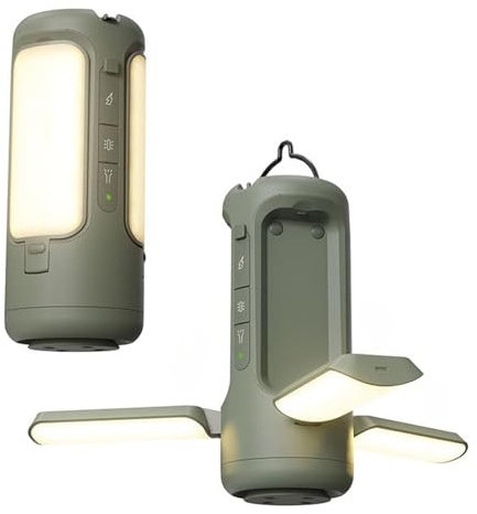 Perel Leistungsstarke Campinglampe mit Bluetooth-Lautsprecher und 6000 mAh Powerbank, für Camping, Wandern und Notfälle, tragbares Notlicht mit Haken, aufladbar per USB-Kabel