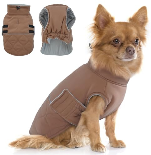 Hjumarayan Hundemantel für Kleine Hunde, Wattierend Wintermantel Mantel Hund Geschirröffnung, Jacken Gefüttert für Malteser, Kleiner Mops, Shih Tzu, Mini Dackel (Braun S)