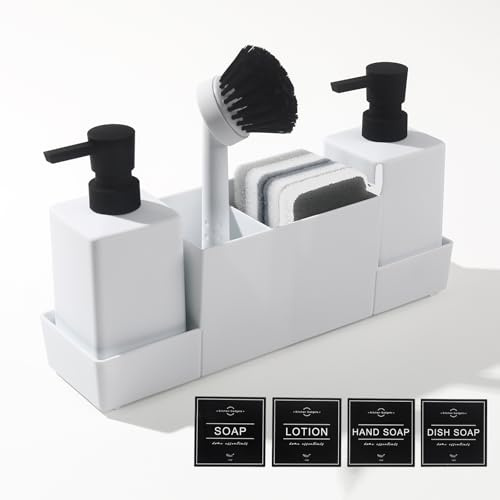 Spüli und Seifenspender Küche Set mit Schwammhalter Bürste, Spülmittelspender Küche Weiß, Seifen und Spülmittelspender Set Küchengadget Spülbecken Organizer mit Seifenspender (Weiß, 4 in1)