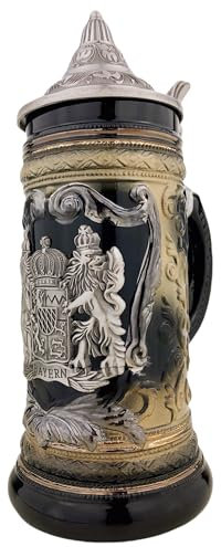 Crecontino Jarra de cerveza con tapa, Baviera, Alemania, regalo, recuerdo, jarra de piedra, taza de cerveza de Alemania, para padre y hombre, cumpleaños, 0,7 l, tapa de estaño (negro/marrón)