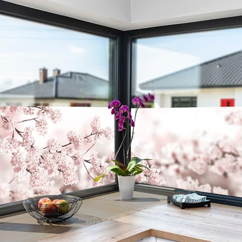 Milchglasfolie Rosa Baumblume Fensterfolie Selbstklebend Milchglasfolie Fenster Bad Fenster Sichtschutzfolie Fensterfolie Blickdicht Folie für Fenster Folie Fenster Sichtschutz 38x120cm/2 Pcs