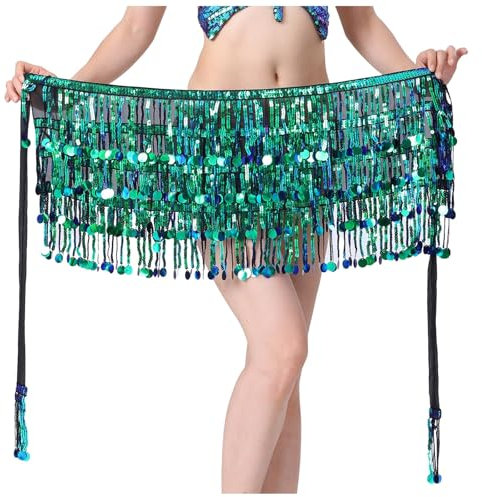 Bauchtanz Hüfttuch Damen Pailletten Tassel Bauchtanz Rock Tanztuch mit Münzen für Bauchtanz Bauchtanz Kostüm Hüfttuch mit Münzen Schwarz Latin Dance Hip Schal Performance Outfit für (Green, One Size)