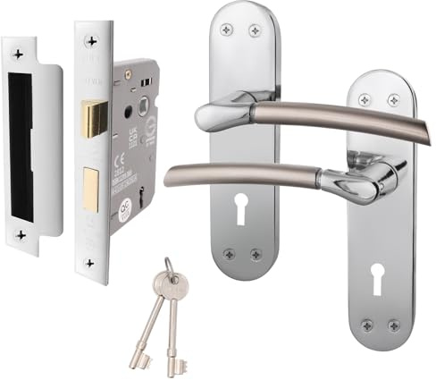 EAI Door Handle Set - Duo Finish | 1 Pair Satin Nickel and Polished Chrome Internal Lever Lock Handles on Backplate with Keys (64mm)