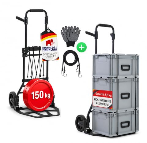 PROREGAL klappbare Aluminium Sackkarre Elephant | Traglast 150kg | 6 kg leicht | große Schaufel, Leichtlauf-Vollgummiräder | ergonomische, höhenverstellbare Griffe | Schwarz | Transportkarre