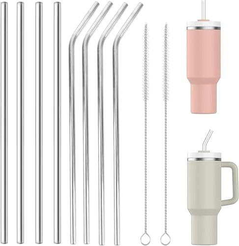 Ceeyoll Pailles en Acier Inoxydable,8 Pièces Pailles Métalliques Réutilisables,Paille Reutilisable für Stanley Cup 30/40oz,avec 2 Brosses de Nettoyage, Thé, Café Glacé, Lait Glac, Milkshakes.