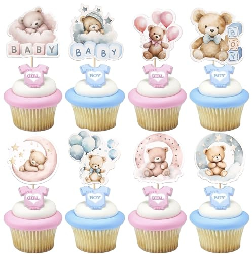 Xsstarmi 40 Packung Gender Reveal Cupcake Toppers Mond Gute Nacht Bär Cupcake Picks für Gender Reveal Babyparty Kindergeburtstag Zubehör für Party Kuchendekorationen