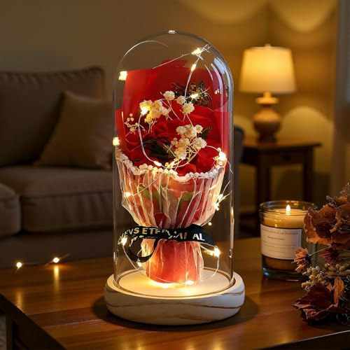 Artificial Roses in Glass Dome with LED Lights, Gift for Mum& Women | Handcrafted rose in a glass dome with warm LED light. An elegant birthday gift for Mum & women, perfect for home decor.