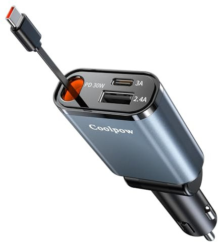 3 en 1 Rétractable Chargeur Voiture【Ultra- Mini】Chargeur Allume Cigare Voiture USB C【Câble Type-C Rétractable】Charge Rapide Chargeur Voiture avec USB-C/A Adapter Allume Cigare pour iPhone Galaxy iPad
