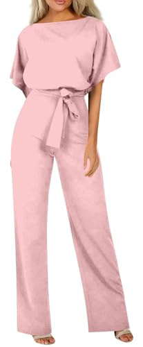 DHYUEN Damen Jumpsuit Sommer Lang Atmungsaktive Latzhose Blauer Overall Mit Taschen Arbeitsoverall Arbeitshosen Lässig Jumpsuit Hochzeit Hosenanzüge Rundhals Jumpsuit Damen Große Größen（Rosa，M）