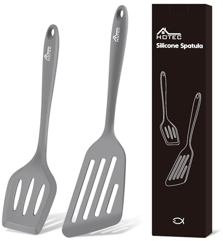 Hotec Pfannenwender-Set, Hitzebeständiger Silikon Geschlitzt Pfannenwender Spatel BPA Frei, Spülmaschinengeeignet Küchenhelfer Kochgeschirr Turner Antihaft Spachtel zum Kochen, 2 Stück,Grau