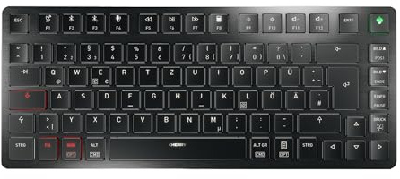 CHERRY KW X ULP 2.0 MINI, Flache Mechanische Tastatur, DE QWERTZ, Schwarz | Kompaktes Format, Kombiniertes Layout für Windows & Mac, Kabelloses Multi-Device-Keyboard, Weiße Beleuchtung, Wiederaufladbar