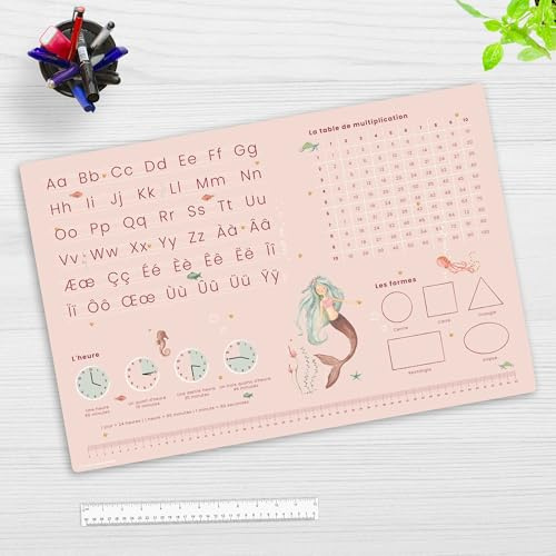 Schreibtischunterlage für Kinder – Lernunterlage in Französisch zur Einschulung in Meerjungfrau Optik ABC, 1x1, Uhrzeiten – 60 x 40 cm – aus abwischbarem Vinyl - Made in Germany