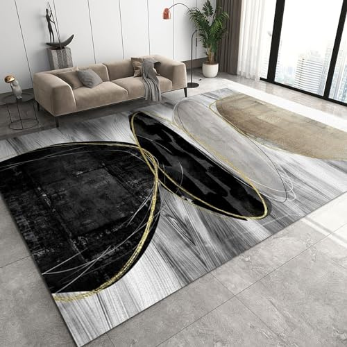 Gray Tone Abstract Geometric Carpet - Minimalist Hand-Drawn Oval Pebble Rug for Living Room, Studio, Hallway, Bedroom, Garden, Restaurant - 80x150cm Decorative Floor Mat
